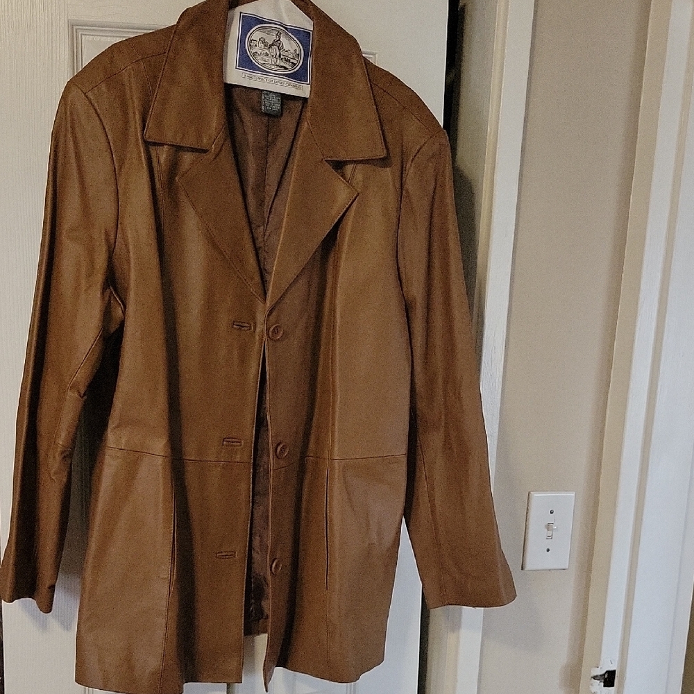Women’s Tan Leather Button-Front Coat Jacket